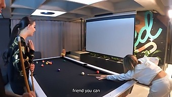 Two Beautiful Brown-Skinned Girls Give An Amazing Blowjob And Get Fucked On A Pool Table